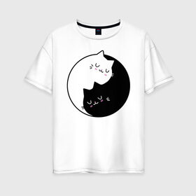 Женская футболка хлопок Oversize с принтом Yin and Yang cats в Тюмени, 100% хлопок | свободный крой, круглый ворот, спущенный рукав, длина до линии бедер
 | anime | cat | cats | kitten | love | philosophy | yang | yin | yoga | аниме | инь | йога | кот | котенок | котик | котики | коты | любовь | противоположность | сердце | философия | ян