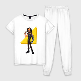 Женская пижама хлопок с принтом Джонни Сильверхенд в Тюмени, 100% хлопок | брюки и футболка прямого кроя, без карманов, на брюках мягкая резинка на поясе и по низу штанин | киану | киберпанк | ривз | сильверхэнд