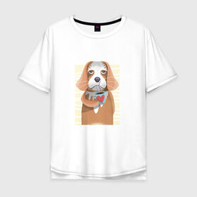 Мужская футболка хлопок Oversize с принтом Собака с кофе в Тюмени, 100% хлопок | свободный крой, круглый ворот, “спинка” длиннее передней части | animal | coffee | dog | pet | животные | кофе | любовь | напиток | пёс | сердце | собака
