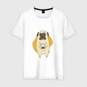 Мужская футболка хлопок с принтом Мопс с кофе в Тюмени, 100% хлопок | прямой крой, круглый вырез горловины, длина до линии бедер, слегка спущенное плечо. | animal | coffee | cute | drink | morning | pet | pug | животное | кофе | мопс | напиток | собака