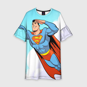 Детское платье 3D с принтом SuperMan DC в Тюмени, 100% полиэстер | прямой силуэт, чуть расширенный к низу. Круглая горловина, на рукавах — воланы | Тематика изображения на принте: comics | dc | superman | комиксы | супермен