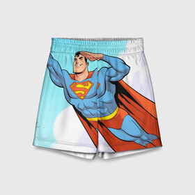 Детские спортивные шорты 3D с принтом SuperMan DC в Тюмени,  100% полиэстер
 | пояс оформлен широкой мягкой резинкой, ткань тянется
 | comics | dc | superman | комиксы | супермен