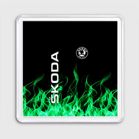 Магнит 55*55 с принтом SKODA в Тюмени, Пластик | Размер: 65*65 мм; Размер печати: 55*55 мм | auto | fire | green | logo | skoda | vag | авто | ваг | водителям | зеленый | логотип | машины | огонь | шкода
