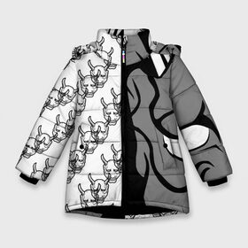 Зимняя куртка для девочек 3D с принтом DEMON BLACK/WHITE в Тюмени, ткань верха — 100% полиэстер; подклад — 100% полиэстер, утеплитель — 100% полиэстер. | длина ниже бедра, удлиненная спинка, воротник стойка и отстегивающийся капюшон. Есть боковые карманы с листочкой на кнопках, утяжки по низу изделия и внутренний карман на молнии. 

Предусмотрены светоотражающий принт на спинке, радужный светоотражающий элемент на пуллере молнии и на резинке для утяжки. | Тематика изображения на принте: fashion | fire | game | hip hop | rap | street style | top | игра | мода | огонь | рэп | топ | уличный стиль | хип хоп