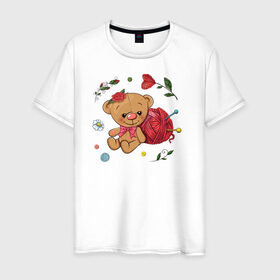 Мужская футболка хлопок с принтом Мишка в Тюмени, 100% хлопок | прямой крой, круглый вырез горловины, длина до линии бедер, слегка спущенное плечо. | вязание | игрушка | клубок ниток | любовь | медведь