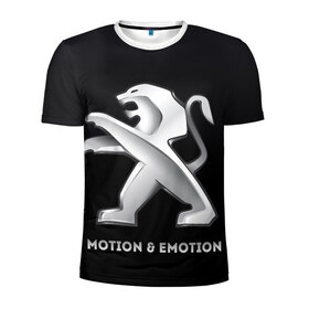 Мужская футболка 3D спортивная с принтом Motion & Emotion в Тюмени, 100% полиэстер с улучшенными характеристиками | приталенный силуэт, круглая горловина, широкие плечи, сужается к линии бедра | Тематика изображения на принте: auto | emotion | motion | peugeot | sport | авто | лого | логотип | пежо | пижо | спорт