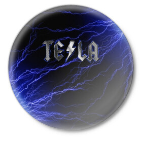 Значок с принтом TESLA в Тюмени,  металл | круглая форма, металлическая застежка в виде булавки | ac | acdc | america | auto | car | cars | dc | electro | elon | logo | musk | rock | space | spacex | tesla | usa | x | авто | автомобиль | илон | космос | лого | логотип | маск | машина | молнии | молния | музыка | рок | тесла | электричест
