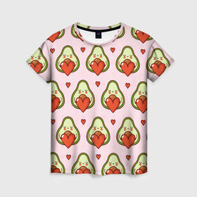 Женская футболка 3D с принтом Love Avocado в Тюмени, 100% полиэфир ( синтетическое хлопкоподобное полотно) | прямой крой, круглый вырез горловины, длина до линии бедер | 14 февраля | love | авокадо | вкусняшка | день святого валентина | еда | любовь | паттерн | сердечко