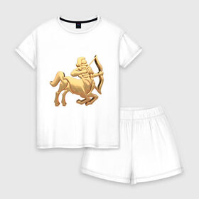 Женская пижама с шортиками хлопок с принтом Стрелец в Тюмени, 100% хлопок | футболка прямого кроя, шорты свободные с широкой мягкой резинкой | sagittarius | zodiac signs | знаки зодиака | золотой рисунок | стрелец