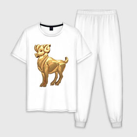 Мужская пижама хлопок с принтом Овен в Тюмени, 100% хлопок | брюки и футболка прямого кроя, без карманов, на брюках мягкая резинка на поясе и по низу штанин
 | aries | zodiac signs | знаки зодиака | золотой рисунок | овен
