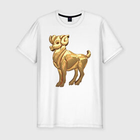 Мужская футболка хлопок Slim с принтом Овен в Тюмени, 92% хлопок, 8% лайкра | приталенный силуэт, круглый вырез ворота, длина до линии бедра, короткий рукав | aries | zodiac signs | знаки зодиака | золотой рисунок | овен