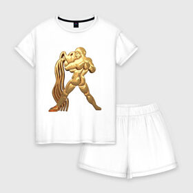 Женская пижама с шортиками хлопок с принтом Водолей в Тюмени, 100% хлопок | футболка прямого кроя, шорты свободные с широкой мягкой резинкой | aquarius | zodiac signs | водолей | знаки зодиака | золотой рисунок