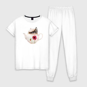 Женская пижама хлопок с принтом Шкодливый коть в Тюмени, 100% хлопок | брюки и футболка прямого кроя, без карманов, на брюках мягкая резинка на поясе и по низу штанин | кот | мурчало | подосатый | чайник | шкода