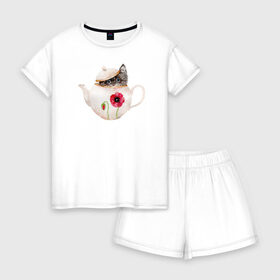 Женская пижама с шортиками хлопок с принтом Шкодливый коть в Тюмени, 100% хлопок | футболка прямого кроя, шорты свободные с широкой мягкой резинкой | кот | мурчало | подосатый | чайник | шкода