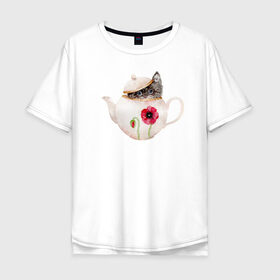 Мужская футболка хлопок Oversize с принтом Шкодливый коть в Тюмени, 100% хлопок | свободный крой, круглый ворот, “спинка” длиннее передней части | кот | мурчало | подосатый | чайник | шкода