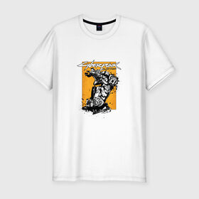 Мужская футболка хлопок Slim с принтом Cyberpunk 2077 в Тюмени, 92% хлопок, 8% лайкра | приталенный силуэт, круглый вырез ворота, длина до линии бедра, короткий рукав | cyberpunk 2077 | игра | киберпанк 2077 | мотоцикл | оружие | персонаж