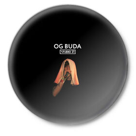 Значок с принтом OG Buda в Тюмени,  металл | круглая форма, металлическая застежка в виде булавки | melon music | og buda | опг сити | русский рэп | рэп | тюмень | хип хоп