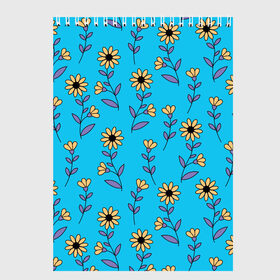 Скетчбук с принтом Желтые цветы на голубом фоне в Тюмени, 100% бумага
 | 48 листов, плотность листов — 100 г/м2, плотность картонной обложки — 250 г/м2. Листы скреплены сверху удобной пружинной спиралью | Тематика изображения на принте: 8 марта | flowers | summer | ботаническая иллюстрация | весна | желтый | лето | любовь | подсолнухи | праздник | принт | природа | растения | фиолетовый | цветы