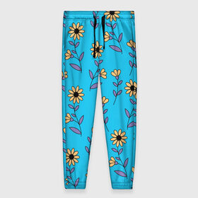 Женские брюки 3D с принтом Желтые цветы на голубом фоне в Тюмени, полиэстер 100% | прямой крой, два кармана без застежек по бокам, с мягкой трикотажной резинкой на поясе и по низу штанин. В поясе для дополнительного комфорта — широкие завязки | 8 марта | flowers | summer | ботаническая иллюстрация | весна | желтый | лето | любовь | подсолнухи | праздник | принт | природа | растения | фиолетовый | цветы