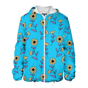 Мужская куртка 3D с принтом Желтые цветы на голубом фоне в Тюмени, ткань верха — 100% полиэстер, подклад — флис | прямой крой, подол и капюшон оформлены резинкой с фиксаторами, два кармана без застежек по бокам, один большой потайной карман на груди. Карман на груди застегивается на липучку | 8 марта | flowers | summer | ботаническая иллюстрация | весна | желтый | лето | любовь | подсолнухи | праздник | принт | природа | растения | фиолетовый | цветы