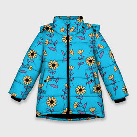 Зимняя куртка для девочек 3D с принтом Желтые цветы на голубом фоне в Тюмени, ткань верха — 100% полиэстер; подклад — 100% полиэстер, утеплитель — 100% полиэстер. | длина ниже бедра, удлиненная спинка, воротник стойка и отстегивающийся капюшон. Есть боковые карманы с листочкой на кнопках, утяжки по низу изделия и внутренний карман на молнии. 

Предусмотрены светоотражающий принт на спинке, радужный светоотражающий элемент на пуллере молнии и на резинке для утяжки. | 8 марта | flowers | summer | ботаническая иллюстрация | весна | желтый | лето | любовь | подсолнухи | праздник | принт | природа | растения | фиолетовый | цветы
