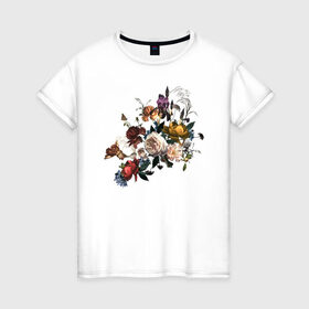 Женская футболка хлопок с принтом Цветы в Тюмени, 100% хлопок | прямой крой, круглый вырез горловины, длина до линии бедер, слегка спущенное плечо | 8 марта | букет цветов | девушка | женский день | женщина | фауна | фиолетовый | флора