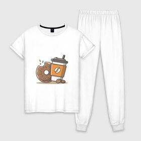 Женская пижама хлопок с принтом Сладкая жизнь в Тюмени, 100% хлопок | брюки и футболка прямого кроя, без карманов, на брюках мягкая резинка на поясе и по низу штанин | Тематика изображения на принте: coffee | вкусняшки | кофе | пончик | сладости