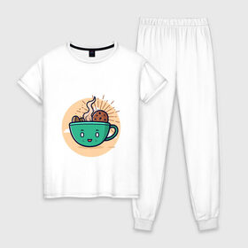 Женская пижама хлопок с принтом Для любителей кофе в Тюмени, 100% хлопок | брюки и футболка прямого кроя, без карманов, на брюках мягкая резинка на поясе и по низу штанин | кофе | печенье | топпинг