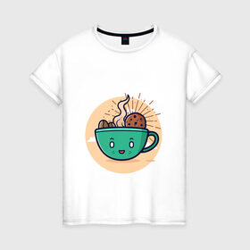 Женская футболка хлопок с принтом Для любителей кофе в Тюмени, 100% хлопок | прямой крой, круглый вырез горловины, длина до линии бедер, слегка спущенное плечо | кофе | печенье | топпинг