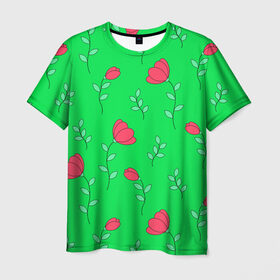 Мужская футболка 3D с принтом Тюльпаны на салатовом фоне в Тюмени, 100% полиэфир | прямой крой, круглый вырез горловины, длина до линии бедер | 8 марта | flowers | summer | ботаническая иллюстрация | весна | зеленый | красный | лето | листья | любовь | праздник | принт | природа | растения | салатовый | тюльпаны | цветы