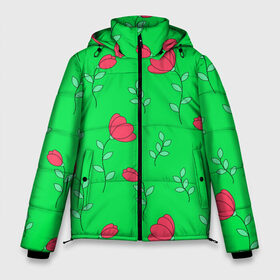 Мужская зимняя куртка 3D с принтом Тюльпаны на салатовом фоне в Тюмени, верх — 100% полиэстер; подкладка — 100% полиэстер; утеплитель — 100% полиэстер | длина ниже бедра, свободный силуэт Оверсайз. Есть воротник-стойка, отстегивающийся капюшон и ветрозащитная планка. 

Боковые карманы с листочкой на кнопках и внутренний карман на молнии. | Тематика изображения на принте: 8 марта | flowers | summer | ботаническая иллюстрация | весна | зеленый | красный | лето | листья | любовь | праздник | принт | природа | растения | салатовый | тюльпаны | цветы