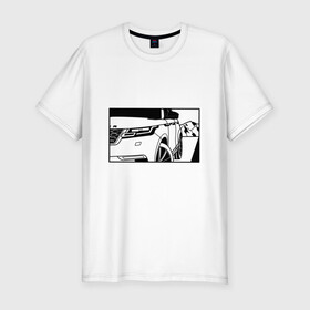Мужская футболка хлопок Slim с принтом Range Rover Evoque Черно-белый в Тюмени, 92% хлопок, 8% лайкра | приталенный силуэт, круглый вырез ворота, длина до линии бедра, короткий рукав | range rover evoque | горы | дорога | иллюстрация | колеса | машина | фары | черно белый