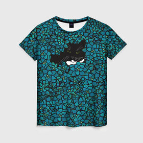 Женская футболка 3D с принтом Чёрная киса в Тюмени, 100% полиэфир ( синтетическое хлопкоподобное полотно) | прямой крой, круглый вырез горловины, длина до линии бедер | домашние животные | звери | киса | кисуля | кот | коты | кошка | кошки | синяя | цветочки | цветы | черный кот
