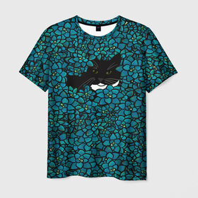 Мужская футболка 3D с принтом Чёрная киса в Тюмени, 100% полиэфир | прямой крой, круглый вырез горловины, длина до линии бедер | Тематика изображения на принте: домашние животные | звери | киса | кисуля | кот | коты | кошка | кошки | синяя | цветочки | цветы | черный кот