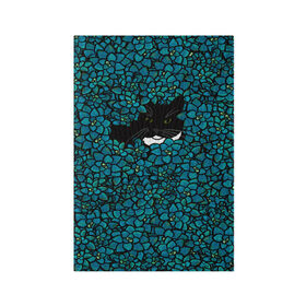 Обложка для паспорта матовая кожа с принтом Чёрная киса в Тюмени, натуральная матовая кожа | размер 19,3 х 13,7 см; прозрачные пластиковые крепления | Тематика изображения на принте: домашние животные | звери | киса | кисуля | кот | коты | кошка | кошки | синяя | цветочки | цветы | черный кот