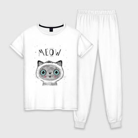 Женская пижама хлопок с принтом Котик в Тюмени, 100% хлопок | брюки и футболка прямого кроя, без карманов, на брюках мягкая резинка на поясе и по низу штанин | кот | кошка | мяу | полосатый | хвостатый