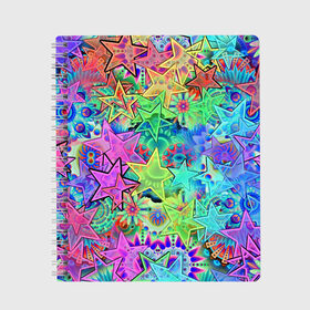 Тетрадь с принтом Цветные звезды в Тюмени, 100% бумага | 48 листов, плотность листов — 60 г/м2, плотность картонной обложки — 250 г/м2. Листы скреплены сбоку удобной пружинной спиралью. Уголки страниц и обложки скругленные. Цвет линий — светло-серый
 | kaleidoscope | pattern | polyscape | space | textures | tie dye | абстракт | волны | вселенная | геометрия | звезды | каледоскоп | космос | паттерн | полигон | полискейп | природа | разводы | тай дай | текстура | текстуры | узор