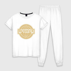 Женская пижама хлопок с принтом Bioshock Golden Logo в Тюмени, 100% хлопок | брюки и футболка прямого кроя, без карманов, на брюках мягкая резинка на поясе и по низу штанин | bioshock infinite | little sister | биошок | большой папочка | винтаж | ретро | сестра