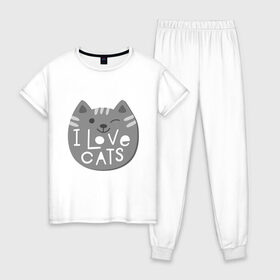 Женская пижама хлопок с принтом I love cats в Тюмени, 100% хлопок | брюки и футболка прямого кроя, без карманов, на брюках мягкая резинка на поясе и по низу штанин | animal | cat | i love cats | животное | зверь | кот | кошка | надписи | я люблю кошек