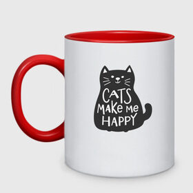 Кружка двухцветная с принтом Cat make me happy в Тюмени, керамика | объем — 330 мл, диаметр — 80 мм. Цветная ручка и кайма сверху, в некоторых цветах — вся внутренняя часть | Тематика изображения на принте: animal | cat | cat make me happy | животное | зверь | кот | кот делает меня счастливым | кошка | надписи