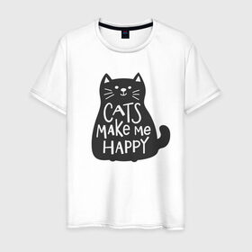 Мужская футболка хлопок с принтом Cat make me happy в Тюмени, 100% хлопок | прямой крой, круглый вырез горловины, длина до линии бедер, слегка спущенное плечо. | animal | cat | cat make me happy | животное | зверь | кот | кот делает меня счастливым | кошка | надписи
