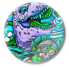 Значок с принтом Рекс динозавр в Тюмени,  металл | круглая форма, металлическая застежка в виде булавки | динозавры | инопланетянин | космос | монстры | существа | тираннозавр