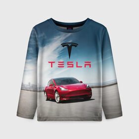 Детский лонгслив 3D с принтом Tesla Model 3 в Тюмени, 100% полиэстер | длинные рукава, круглый вырез горловины, полуприлегающий силуэт
 | 3 | america | auto | car | electric | elon | model | motors | musk | tesla | usa | vehicle | авто | америка | илон | маск | модель | сша | тесла | электромобиль