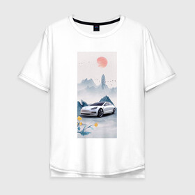 Мужская футболка хлопок Oversize с принтом Тесла в японском стиле в Тюмени, 100% хлопок | свободный крой, круглый ворот, “спинка” длиннее передней части | Тематика изображения на принте: белый | горы | красный | машина | птицы | синий | солнце | тесла | фотошоп | цветы | япония