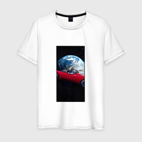 Мужская футболка хлопок с принтом Тесла в космосе в Тюмени, 100% хлопок | прямой крой, круглый вырез горловины, длина до линии бедер, слегка спущенное плечо. | звезды | земля | космонавт | космос | красный | машина | облака | тесла