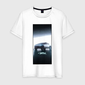 Мужская футболка хлопок с принтом Кибертрак в Тюмени, 100% хлопок | прямой крой, круглый вырез горловины, длина до линии бедер, слегка спущенное плечо. | будущее | гараж | иллюстрация | кибертрак | машина | тень | тесла | фары | фотошоп