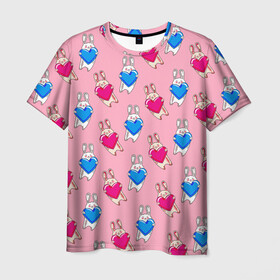 Мужская футболка 3D с принтом Love Bunny в Тюмени, 100% полиэфир | прямой крой, круглый вырез горловины, длина до линии бедер | 14 февраля | baby | bunny | kawaii | love | love is | love you | rabbit | валентинка | влюбленные | девушка | жена | животные | зайчики | заяц | игрушка | кавайный | кролик | лучшая | любимая | люблю | любовь | малыш | подарок