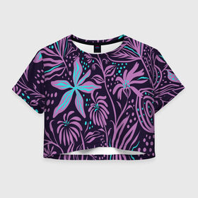 Женская футболка Crop-top 3D с принтом Дивные цветы в Тюмени, 100% полиэстер | круглая горловина, длина футболки до линии талии, рукава с отворотами | retro | аниме | мозайка | неон | русь | славяне | текстуры | узор | хохлома | цветы | эстетика