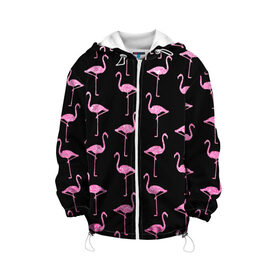 Детская куртка 3D с принтом Фламинго | Чёрная в Тюмени, 100% полиэстер | застежка — молния, подол и капюшон оформлены резинкой с фиксаторами, по бокам — два кармана без застежек, один потайной карман на груди, плотность верхнего слоя — 90 г/м2; плотность флисового подклада — 260 г/м2 | birds | drawing | fashion | feathers | flamingo | graphics | illustration | pink | stand | style | wings | youth | графика | иллюстрация | картинка | клюв | красивые | крылья | мода | молодежная | перья | птицы | рисунок | розовый | стиль | стоят