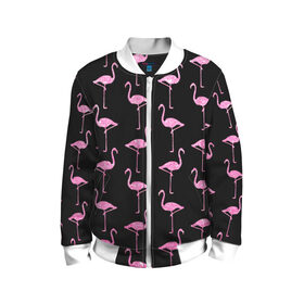 Детский бомбер 3D с принтом Фламинго | Чёрная в Тюмени, 100% полиэстер | застегивается на молнию, по бокам два кармана без застежек, мягкие манжеты, по низу бомбера и на воротнике — эластичная резинка | birds | drawing | fashion | feathers | flamingo | graphics | illustration | pink | stand | style | wings | youth | графика | иллюстрация | картинка | клюв | красивые | крылья | мода | молодежная | перья | птицы | рисунок | розовый | стиль | стоят